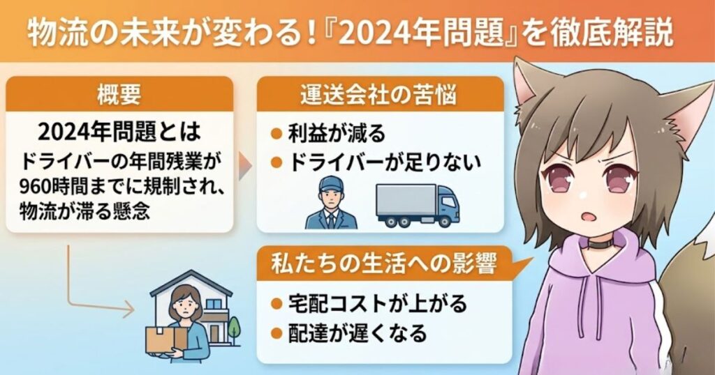 物流の「2024年問題」の概要と、運送会社（利益減少・ドライバー不足）や私たちの生活（宅配コスト増・配達遅れ）への影響をまとめた図解