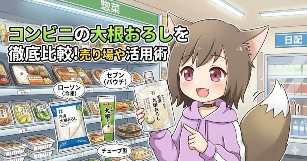 「コンビニの大根おろしを徹底比較！売り場や活用術」のタイトルと、各社の大根おろし（パウチ、冷凍、チューブ）を持つ女の子のイラスト