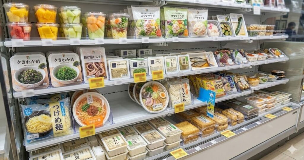 コンビニの冷蔵ショーケースに並ぶサラダや惣菜、麺類などの陳列棚の様子