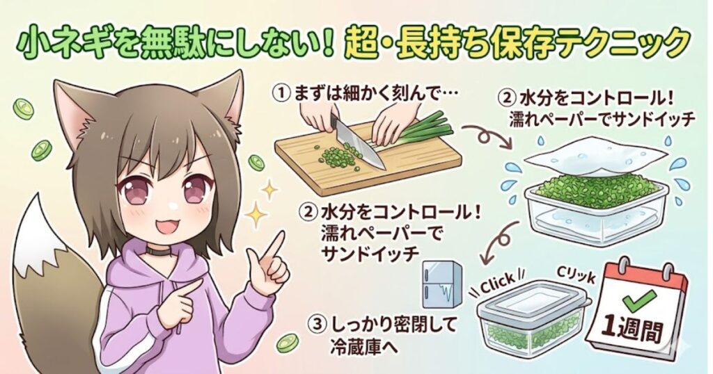 小ネギを無駄にしない長持ち保存テクニック：刻んだねぎを濡れキッチンペーパーで挟み密閉容器で冷蔵保存する手順の図解