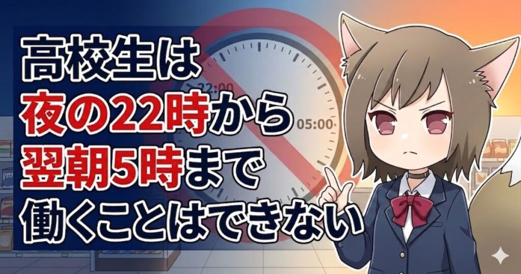 高校生は夜の22時から翌朝5時まで働けないことを説明する注意喚起のイラスト