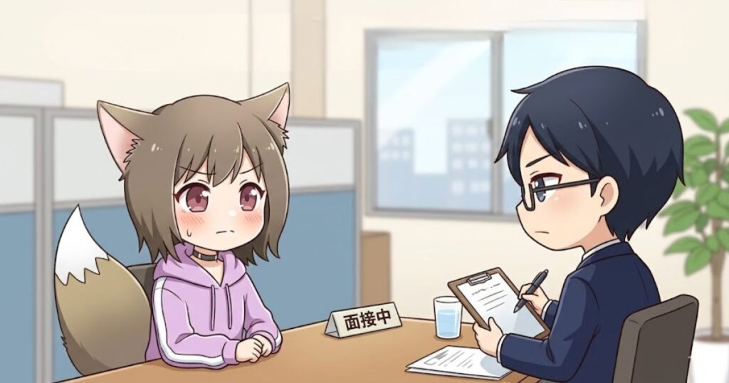 面接官の前で緊張しながらコンビニバイトの面接を受ける女の子のイラスト