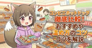 「コンビニホットドッグ徹底比較！おすすめや温め方のコツを解説」と書かれた、キツネ耳の女の子がコンビニで商品を持っているアイキャッチ画像