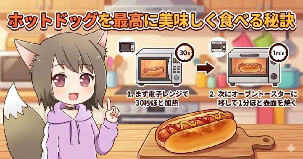 「ホットドッグを最高に美味しく食べる秘訣」として、電子レンジとオーブントースターを使った2段階の温め方を解説するイラスト