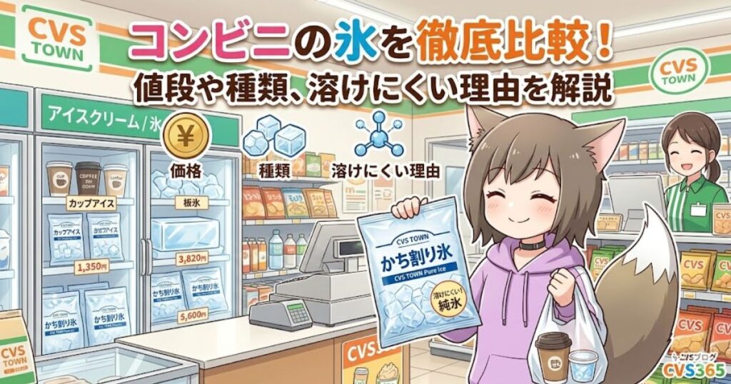 コンビニで氷を購入する女性のイラストと「コンビニの氷を徹底比較！」のタイトルが書かれたアイキャッチ画像