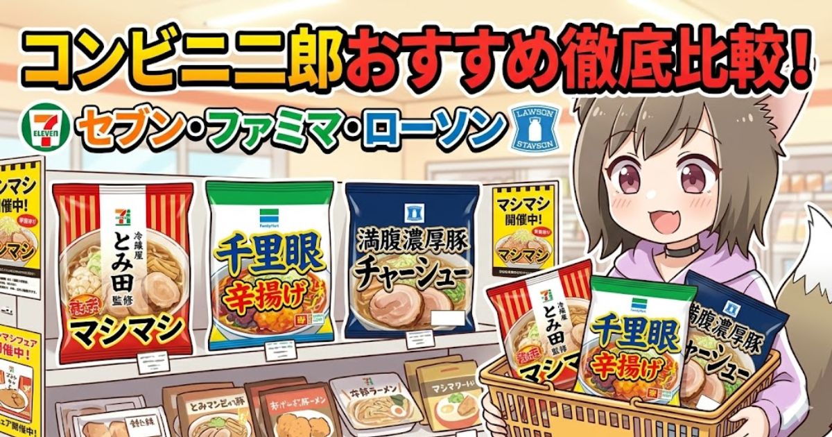 「コンビニ二郎おすすめ徹底比較！」のテキストと、セブン-イレブン、ファミリーマート、ローソンのロゴ、3種類のJiro系ラーメン（中華蕎麦とみ田監修マシマシ、千里眼監修辛揚げ、満腹濃厚豚チャーシュー）を持つ猫耳の女性キャラクターと商品棚が描かれた、記事用アイキャッチ画像。