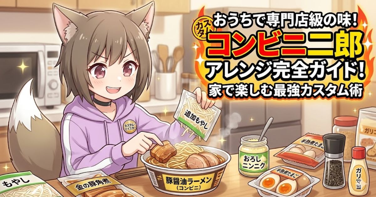 「おうちで専門店級の味！コンビニ二郎アレンジ完全ガイド！」のタイトル文字と、コンビニの豚醤油ラーメンに追加もやしや金の豚角煮、ニンニクなどをトッピングして最強カスタムを楽しむ女性キャラクターのイラスト