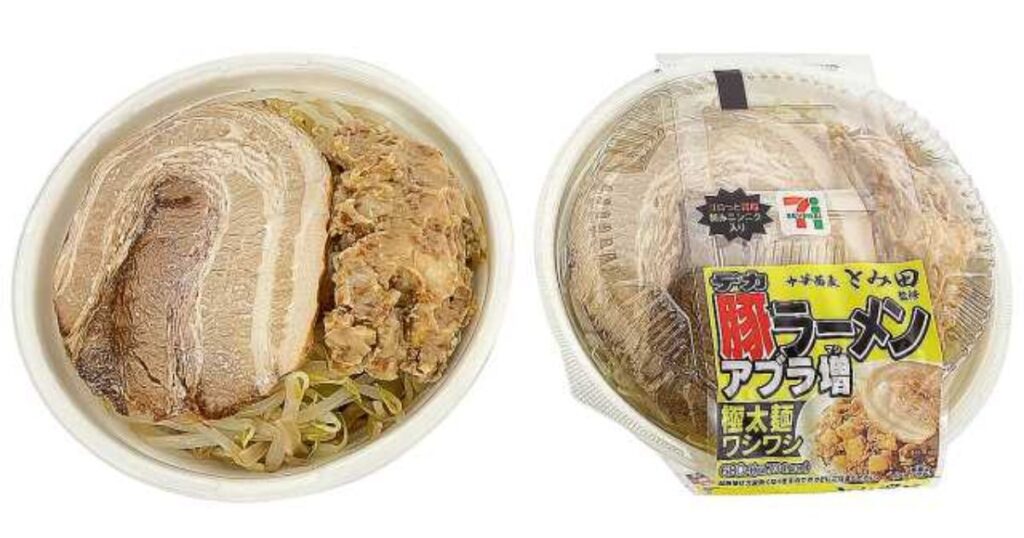 セブン-イレブンのチルド弁当「中華蕎麦とみ田監修 デカ豚ラーメン」のパッケージ外観と、フタを開けた状態の巨大なチャーシュー・もやし・ニンニクの画像