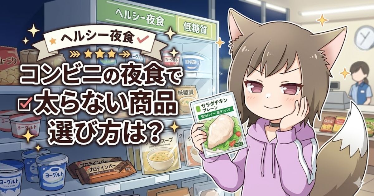 「コンビニの夜食で太らない商品選び方は？」というタイトルと、コンビニでサラダチキンを選ぶMAYUMIのイラスト