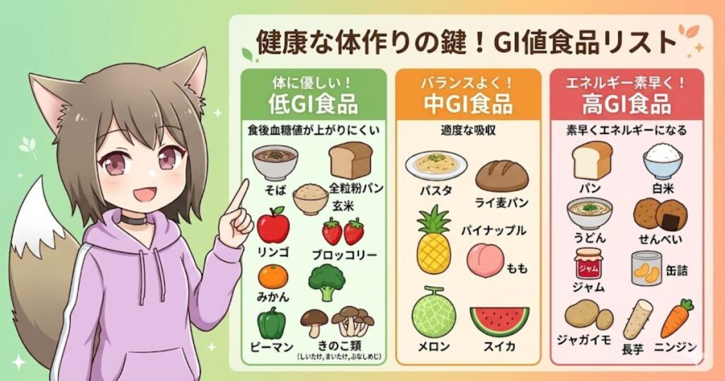 「健康な体作りの鍵！GI値食品リスト」の図解と、低GI・中GI・高GIの分類を指差して解説するMAYUMIのイラスト
