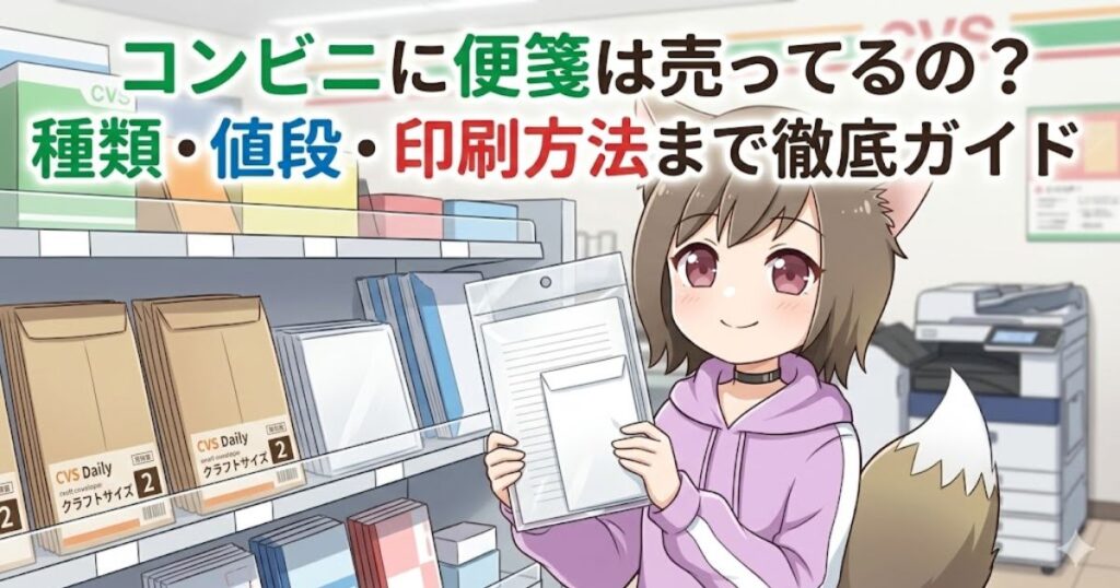 コンビニの棚で便箋セットを手に取るキャラクターのイラストと「コンビニに便箋は売ってるの？種類・値段・印刷方法まで徹底ガイド」のタイトルテキスト入りアイキャッチ画像