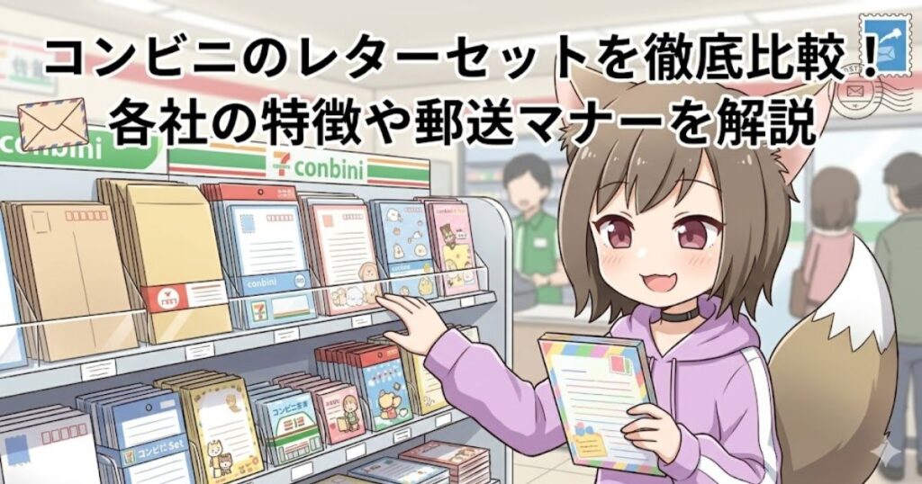 コンビニのレターセット売り場で商品を選ぶ女の子のイラスト（アイキャッチ画像）
