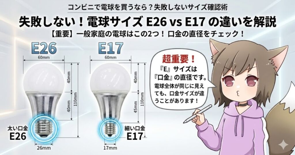 一般家庭でよく使われる電球の口金サイズであるE26(26mm)とE17(17mm)の違いを比較・解説する図解