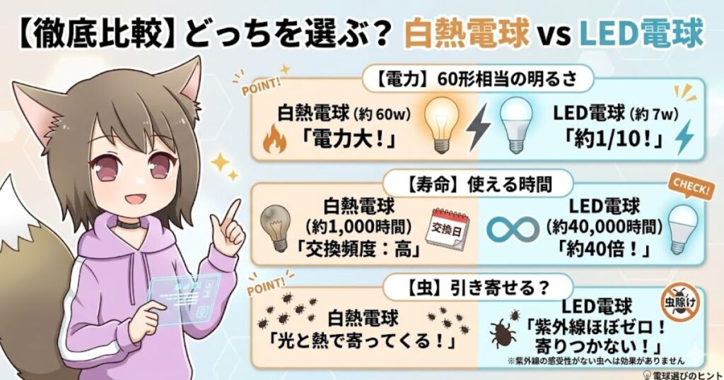 白熱電球とLED電球における消費電力、寿命、虫の寄りつきやすさの違いを比較した図解