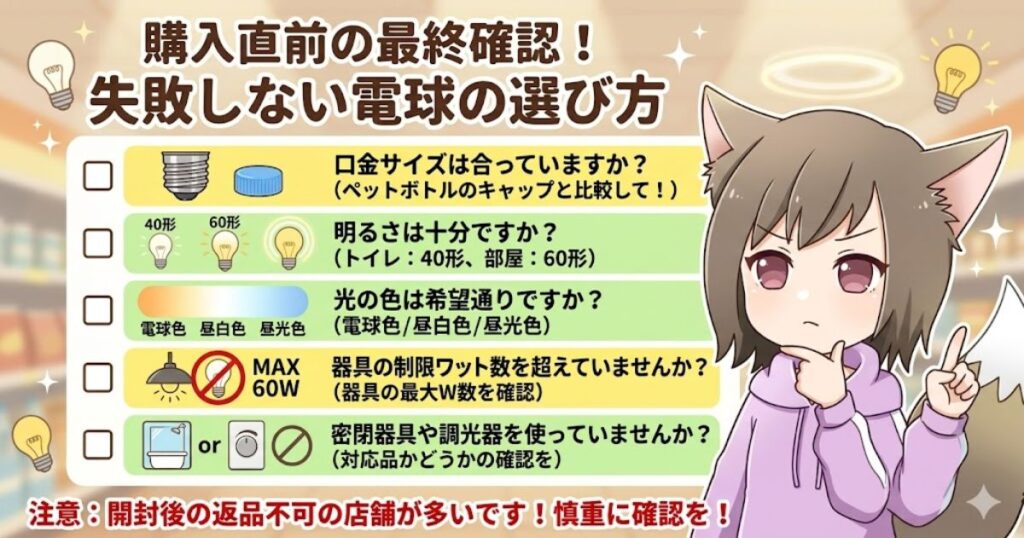 電球を購入する直前に確認すべき、口金サイズ、明るさ、光の色、制限ワット数、対応器具をまとめた最終チェックリストの図解