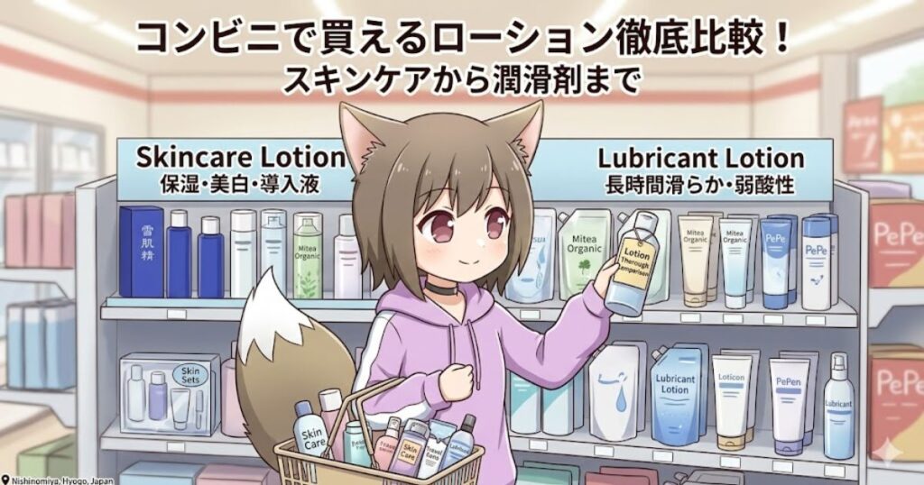 ンビニでローションを選ぶ女の子のイラスト（コンビニで買えるローション徹底比較！スキンケアから潤滑剤まで）