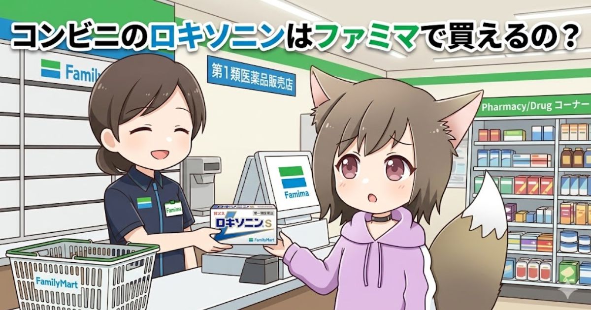 「コンビニのロキソニンはファミマで買えるの？」というタイトルと、ファミリーマートのレジでロキソニンSを購入する猫耳の女の子のイラスト