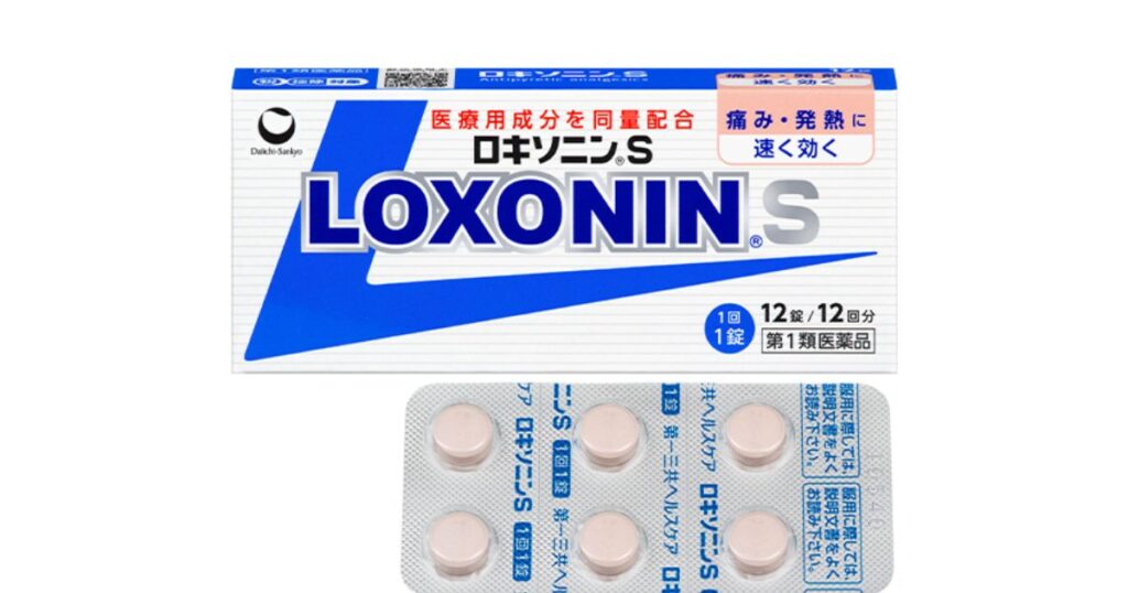 第1類医薬品「ロキソニンS」のパッケージ外箱と、ピンク色の錠剤が入ったシート
