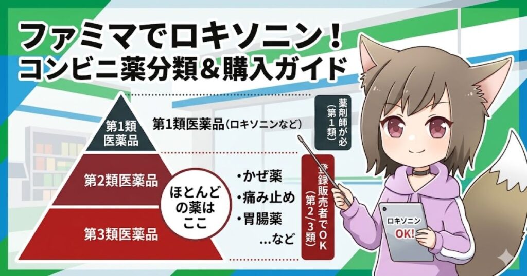 「ファミマでロキソニン！コンビニ薬分類＆購入ガイド」というタイトルと、医薬品の分類ピラミッド（第1類は薬剤師必須、第2・3類は登録販売者でOK）を解説する女の子のイラスト