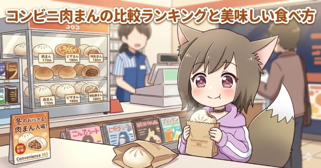 コンビニで肉まんを美味しそうに食べる女の子のイラスト（コンビニ肉まんの比較ランキングと美味しい食べ方）