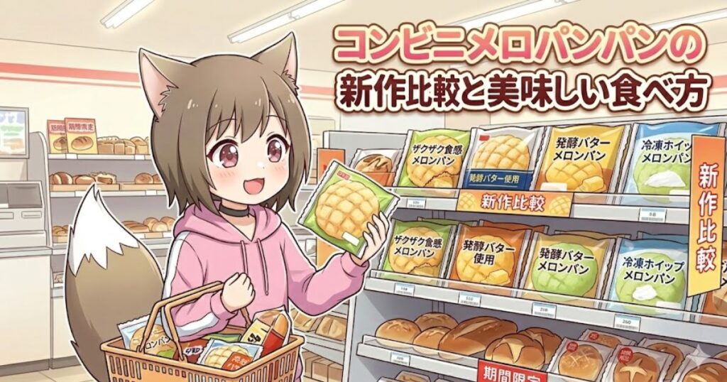 コンビニのパンコーナーでメロンパンを手に持つ獣耳の女の子のイラストと「コンビニメロンパンの新作比較と美味しい食べ方」のタイトル文字