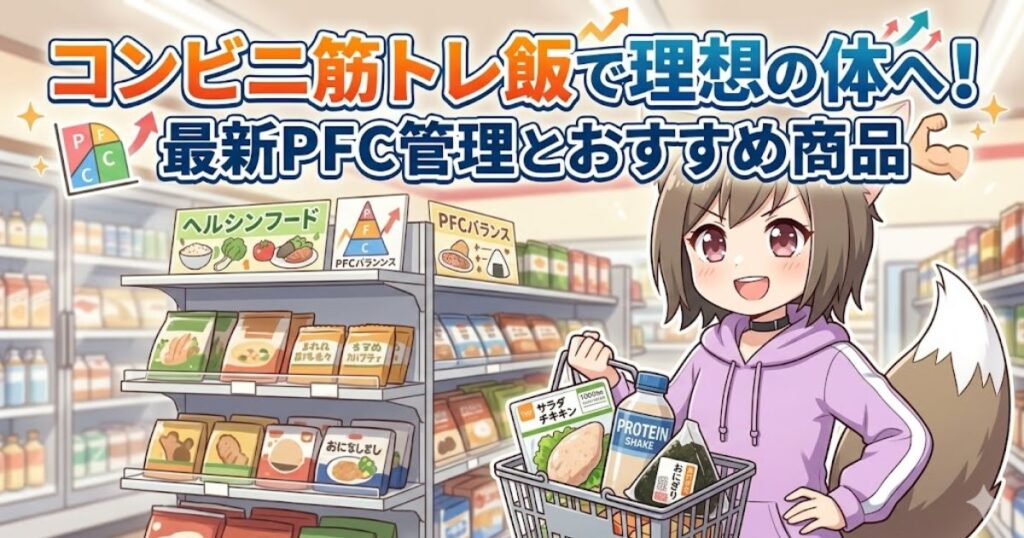 「コンビニ筋トレ飯で理想の体へ！最新PFC管理とおすすめ商品」のタイトルと、コンビニでプロテインやサラダチキンをカゴに入れる女の子のアイキャッチ画像