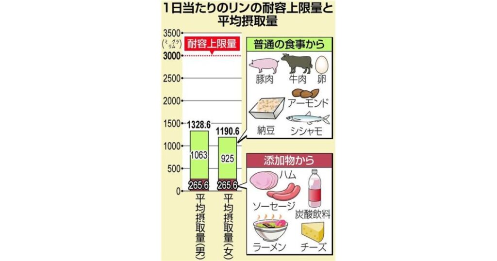 1日当たりのリンの耐容上限量と、普通の食事（肉・卵・納豆など）や添加物（ハム・ソーセージなど）からの平均摂取量を示す棒グラフ