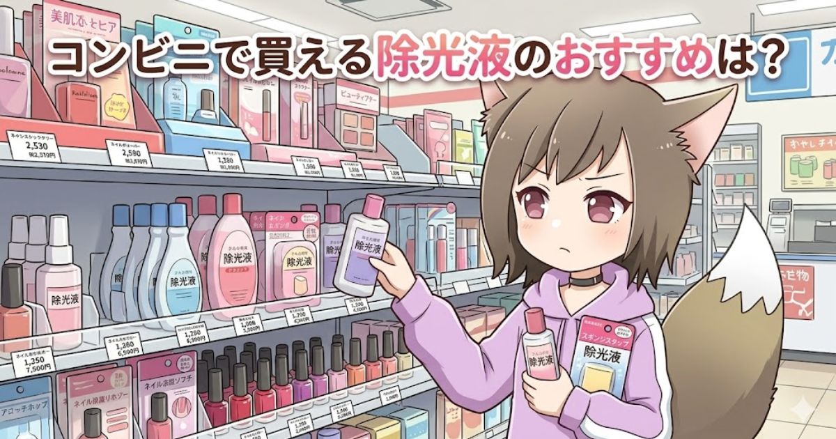 コンビニで除光液を選ぶ女の子のイラスト（「コンビニで買える除光液のおすすめは？」の文字入り）