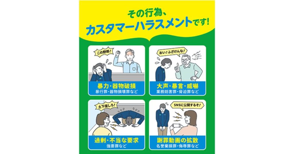 暴言や不当な要求など、カスタマーハラスメントの具体例を注意喚起するポスター