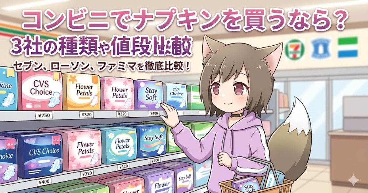 コンビニのナプキン棚の前で商品を選ぶ女の子のイラストと「コンビニでナプキンを買うなら？3社の種類や値段比較」のタイトル文字