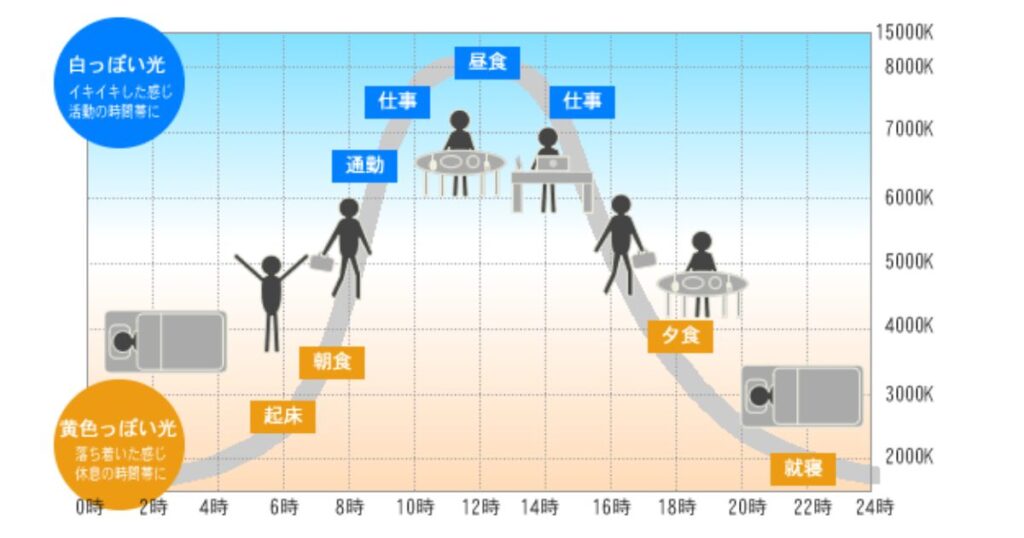 起床、仕事、就寝などの24時間の活動サイクルと、太陽光や照明の色による生体リズム（サーカディアンリズム）への影響を表したグラフ