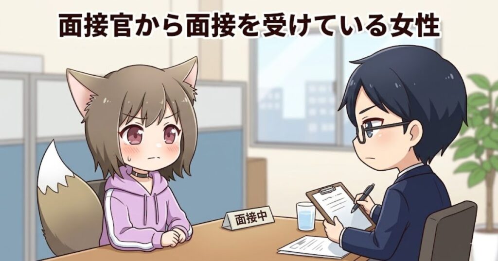 「面接官から面接を受けている女性」という文字と、コンビニの採用面接で少し緊張した面持ちで質問に答える女性のイラスト