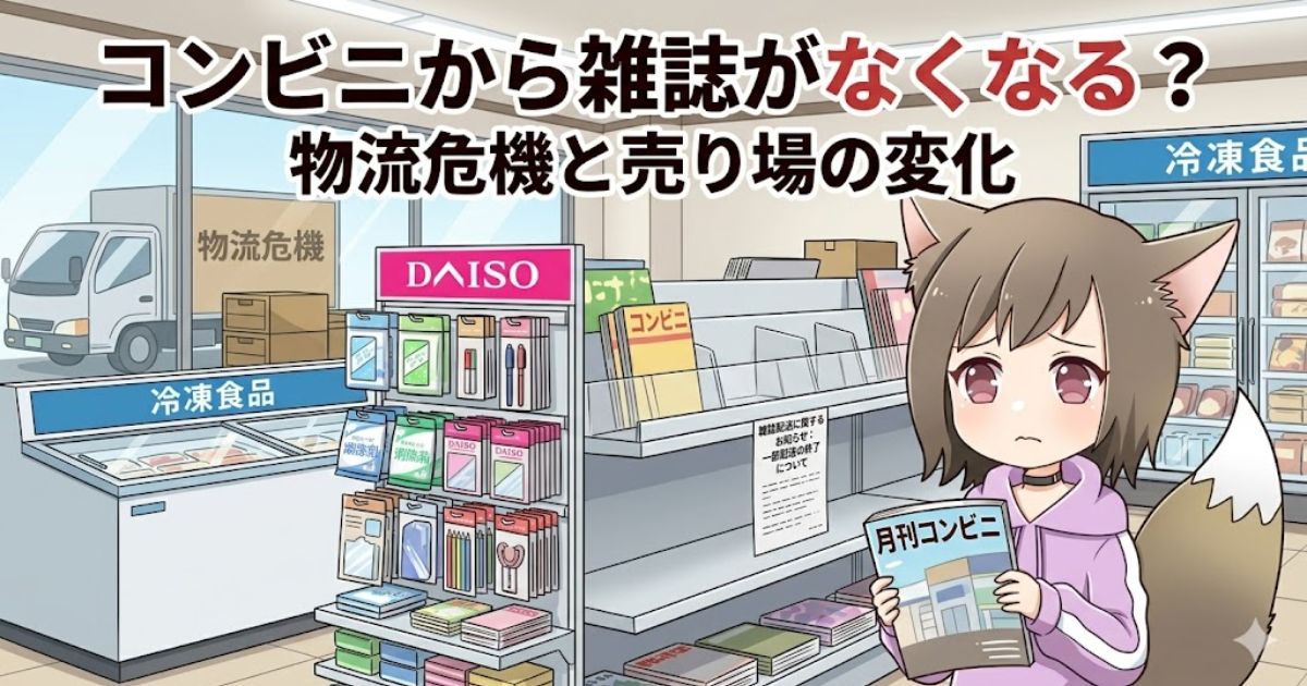 コンビニの店内で雑誌を手に持ち困った表情をする女性キャラクターと、「コンビニから雑誌がなくなる?」というタイトルのイラスト