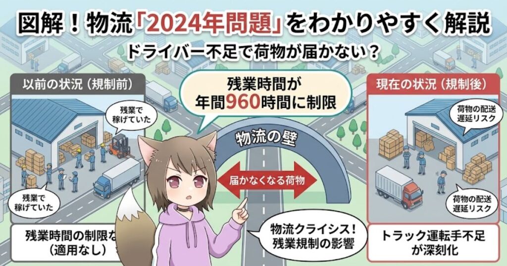 女性キャラクターが「物流2024年問題」によるドライバー不足や残業規制の影響を図解でわかりやすく解説しているイラスト
