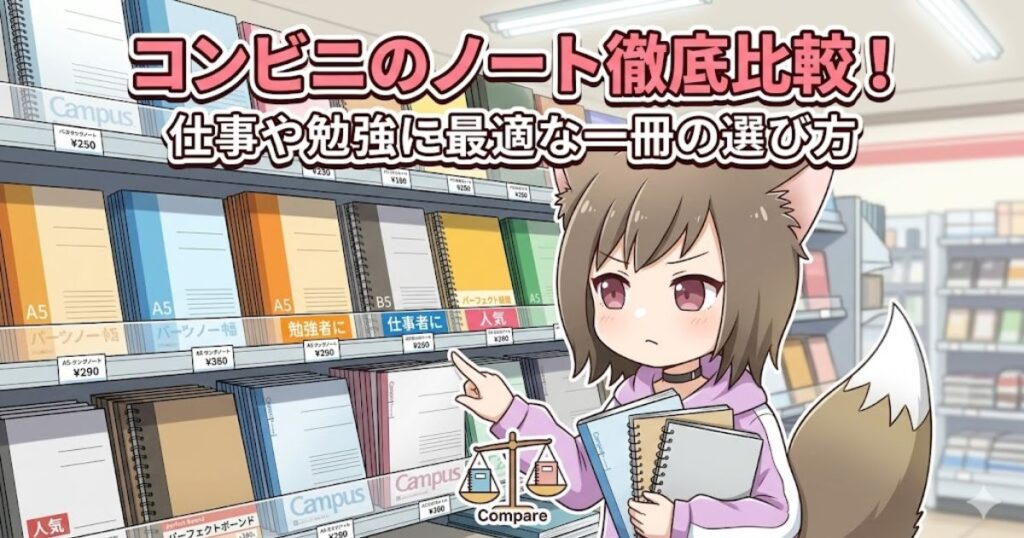 「コンビニのノート徹底比較！仕事や勉強に最適な一冊の選び方」というタイトルと、コンビニの文房具棚の前でノート選びに悩む狐耳の女性のイラスト。