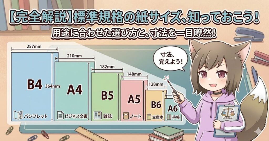 「標準規格の紙サイズ、知っておこう!」というタイトルで、B4からA6までの用紙サイズと用途の比較図を、指示棒を使って笑顔で解説する狐耳の女性のイラスト。