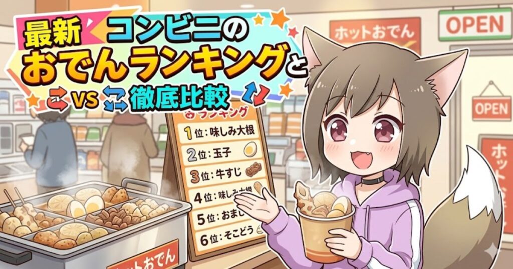 「最新コンビニのおでんランキングと徹底比較」を解説する女性キャラクターのイラスト