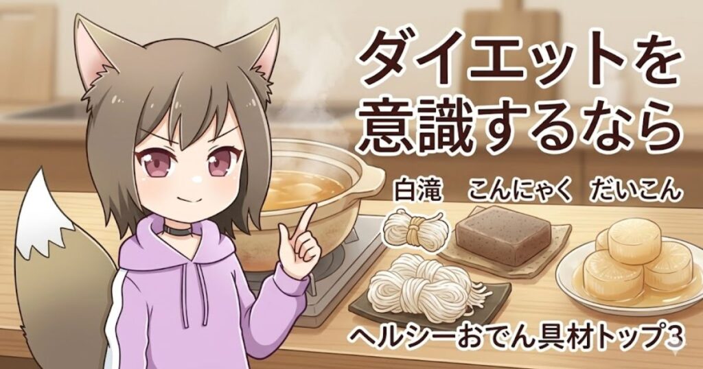 「ダイエットを意識するなら 白滝 こんにゃく だいこん」とヘルシー具材を紹介する女性キャラクターのイラスト