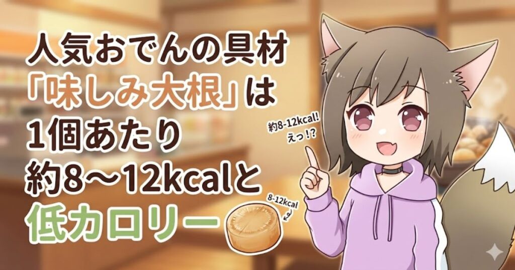 コンビニの店内を背景に、猫耳の女の子が大根を指差して驚きと笑顔を見せているイラスト。「人気おでんの具材『味しみ大根』は1個あたり約8〜12kcalと低カロリー」という説明テキストが書かれている。