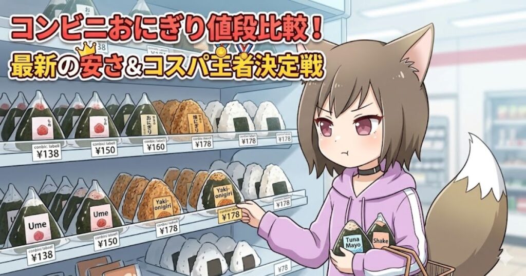 コンビニのおにぎり売り場で値段を見比べる女性のイラストと、「コンビニおにぎり値段比較！最新の安さ＆コスパ王者決定戦」のタイトルロゴ