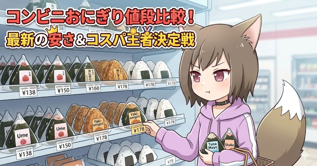 コンビニのおにぎり売り場で値段を見比べる女性のイラストと、「コンビニおにぎり値段比較！最新の安さ＆コスパ王者決定戦」のタイトルロゴ