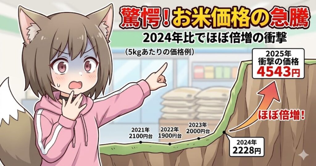 お米5kgの価格が2024年の2228円から2025年に4543円へと急騰したことを示すグラフを見て驚く女性のイラスト