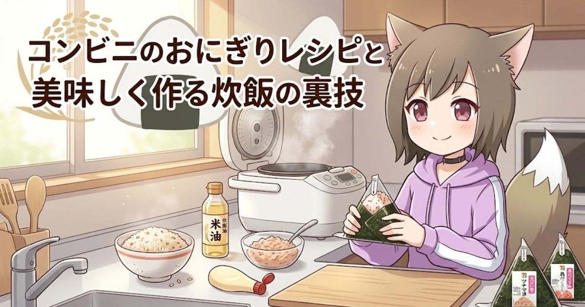 コンビニのおにぎりレシピと美味しく作る炊飯の裏技のアイキャッチ画像。女の子がキッチンで炊飯器や米油を使っておにぎりを作っているイラスト