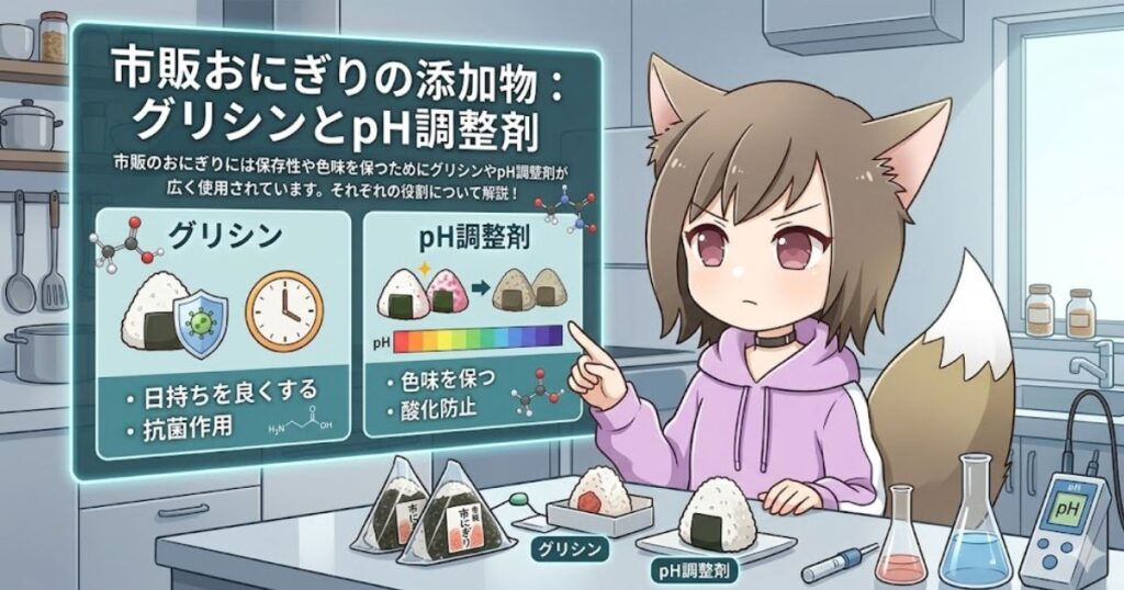 市販のおにぎりに使われる添加物である「グリシン（日持ち向上・抗菌作用）」と「pH調整剤（色味維持・酸化防止）」の役割について、女の子が解説している図解イラスト