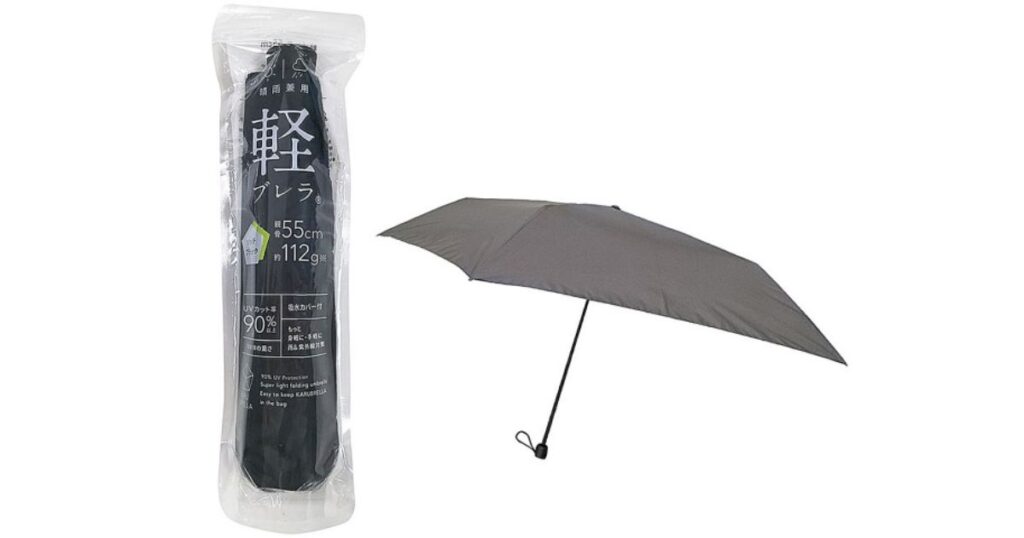 セブンイレブンで販売されている重量約112gの超軽量折りたたみ傘「軽ブレラ」のパッケージと開いた状態