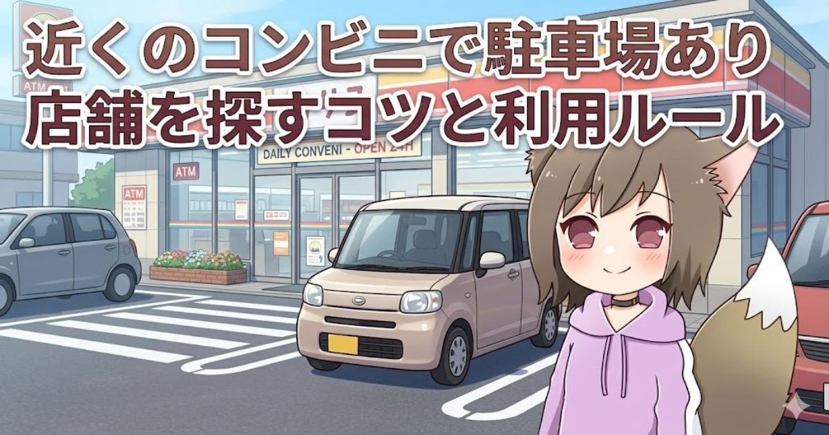 「近くのコンビニで駐車場あり店舗を探すコツと利用ルール」のタイトルと、コンビニ駐車場に立つ女性キャラクターのアイキャッチ画像