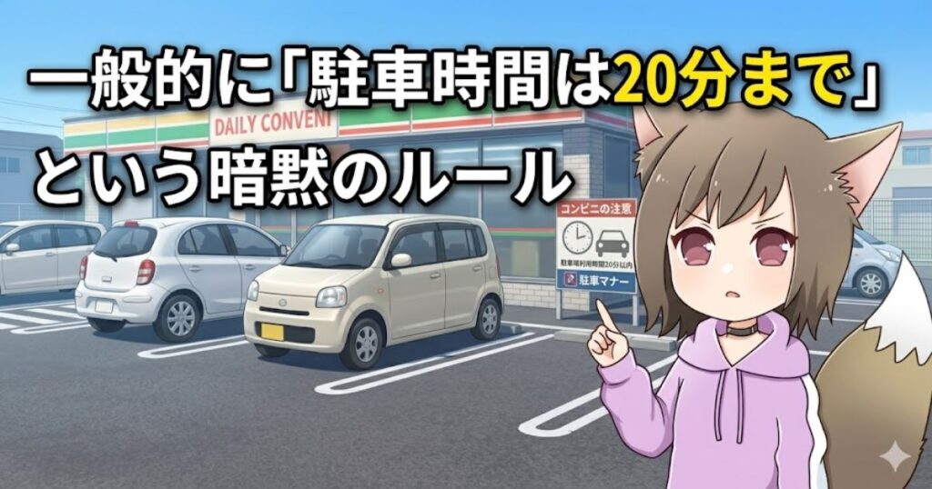 「一般的に『駐車時間は20分まで』という暗黙のルール」のテキストと、注意点を解説する女性キャラクターの画像