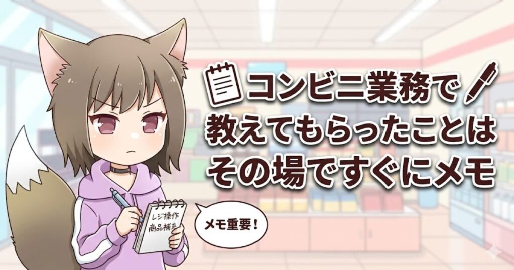 「コンビニ業務で教えてもらったことはその場ですぐにメモ」というテキストと、メモ帳に書き込むキャラクターのイラスト