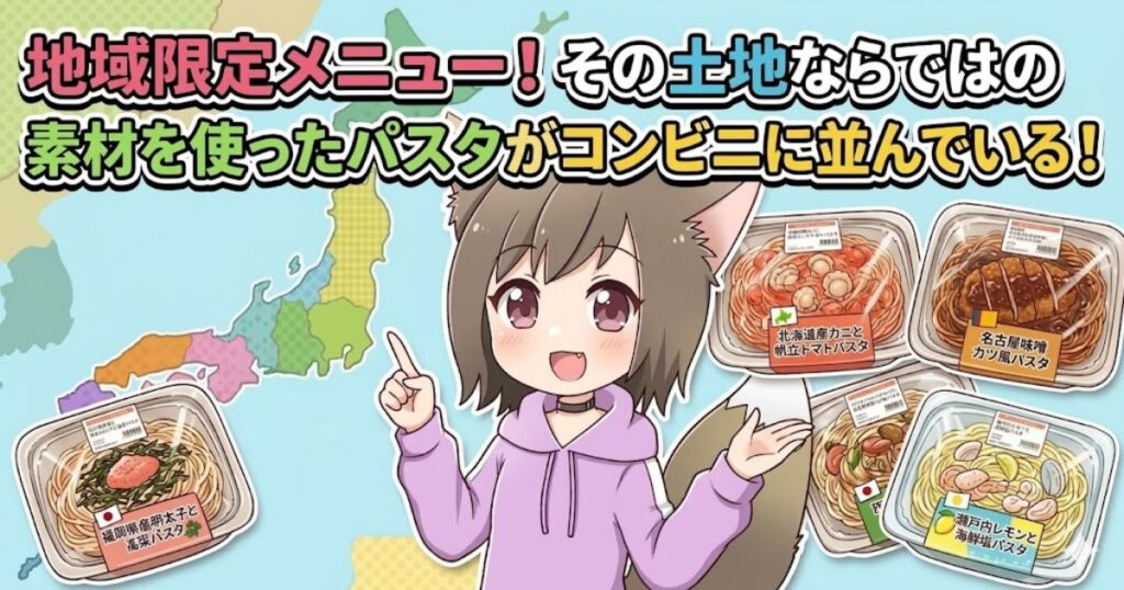 日本地図とご当地パスタを紹介する女性キャラクターと「地域限定メニュー！」のテキスト