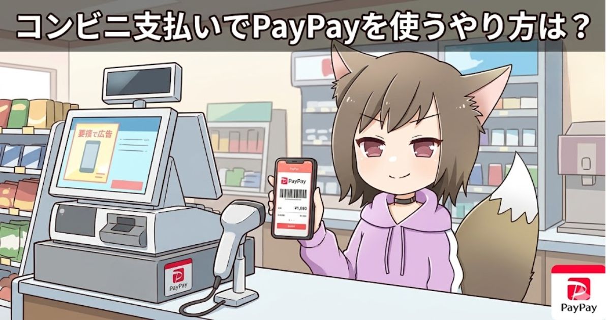 「コンビニ支払いでPayPayを使うやり方は？」の文字と、コンビニのレジでスマホのPayPay決済画面を見せる女の子のアイキャッチ画像